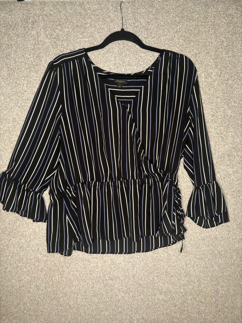 Ann Taylor XL Striped Peplum Blouse Ruffle Sleeve Black Blue